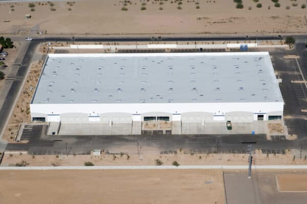 Aerial view of a warehouse distribution center single ply roof 